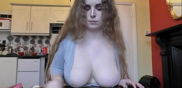  Curly hair with huge tits cleaning the desk